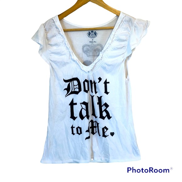 Juicy Couture V-Neck Ruffled Graphic Tee Shirt White - Picture 1 of 7
